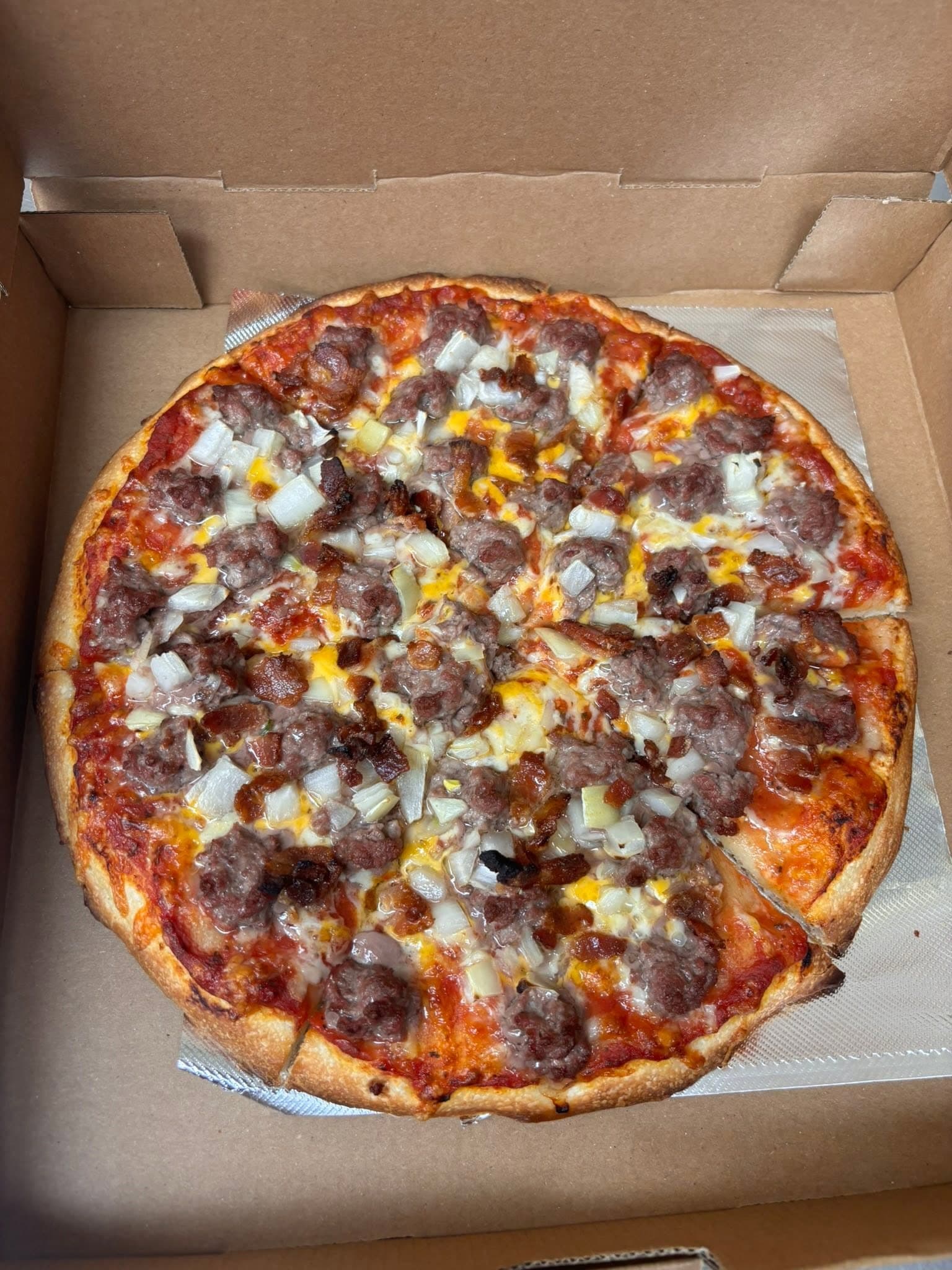 Bert's loaded meat pizza fresh from the oven
